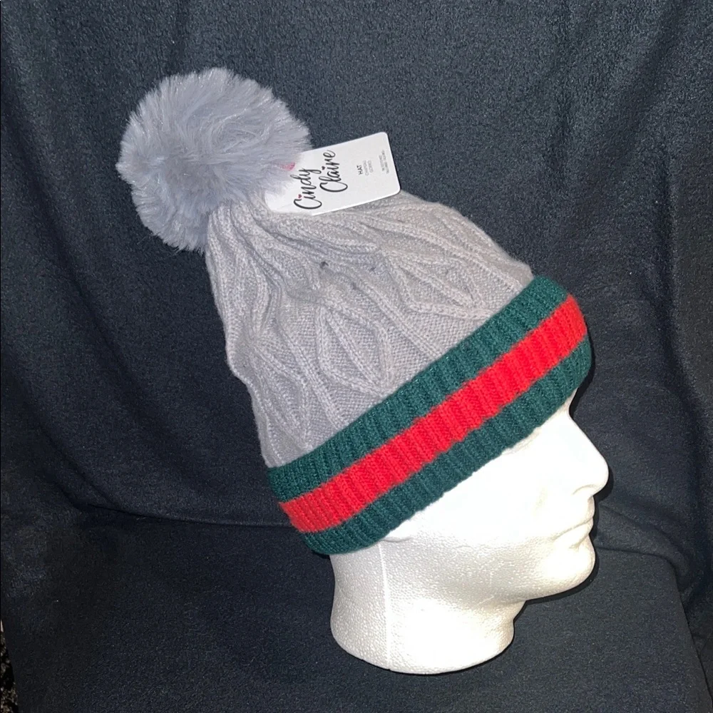 NWT 4pc multicolor Knitted Faux Fur Lined red & green stripe beanie with Pom Pom